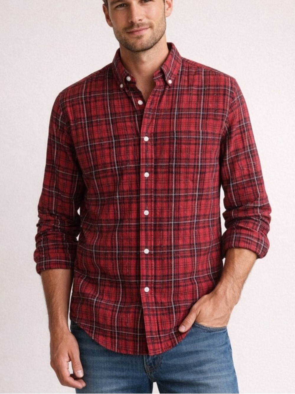 FIVE FOUR Red Plaid Button Down Shirt Linen Cotton Size L